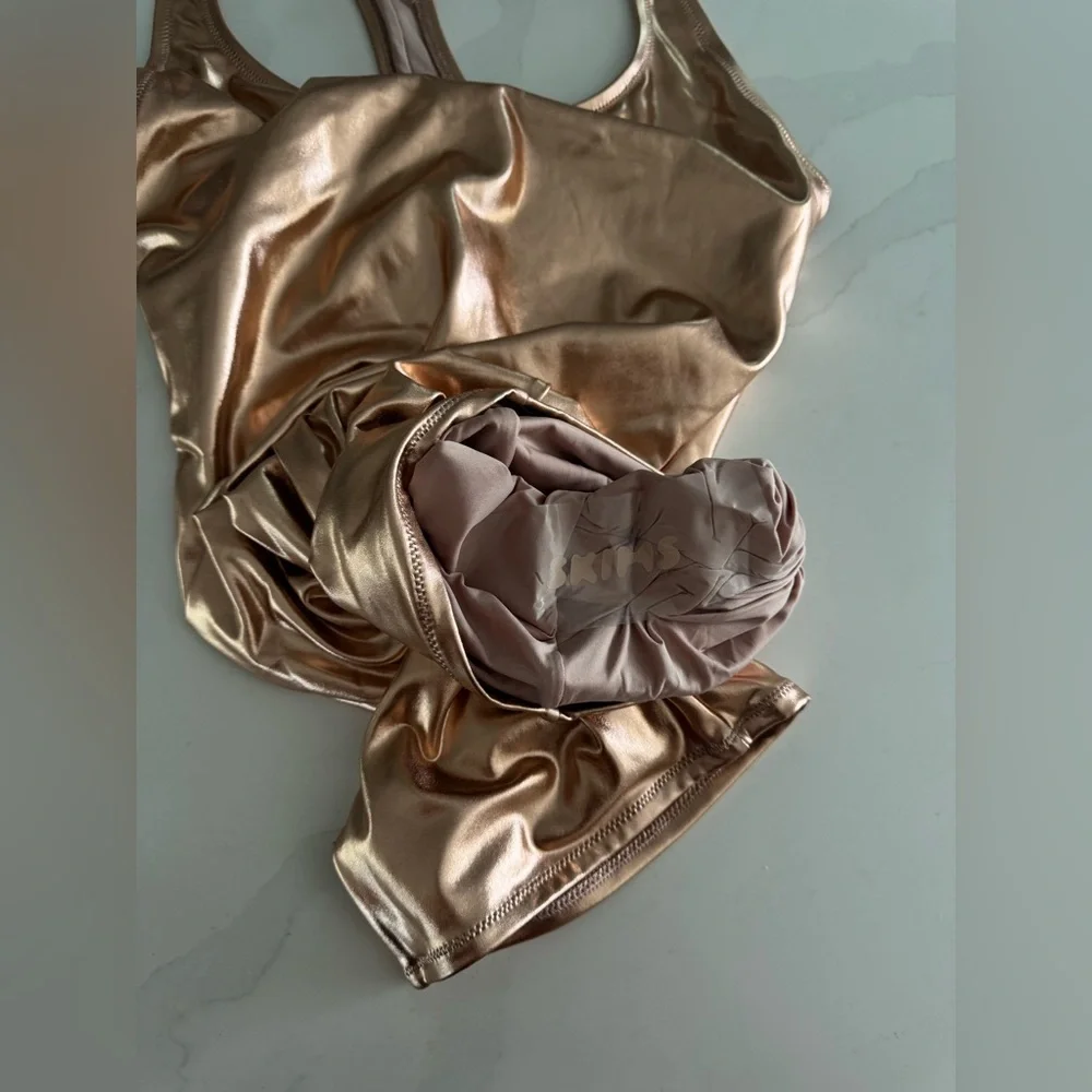 SKIMS Metallic Swim Cycle Suit in Champagne Sz M MSRP $128 NWT